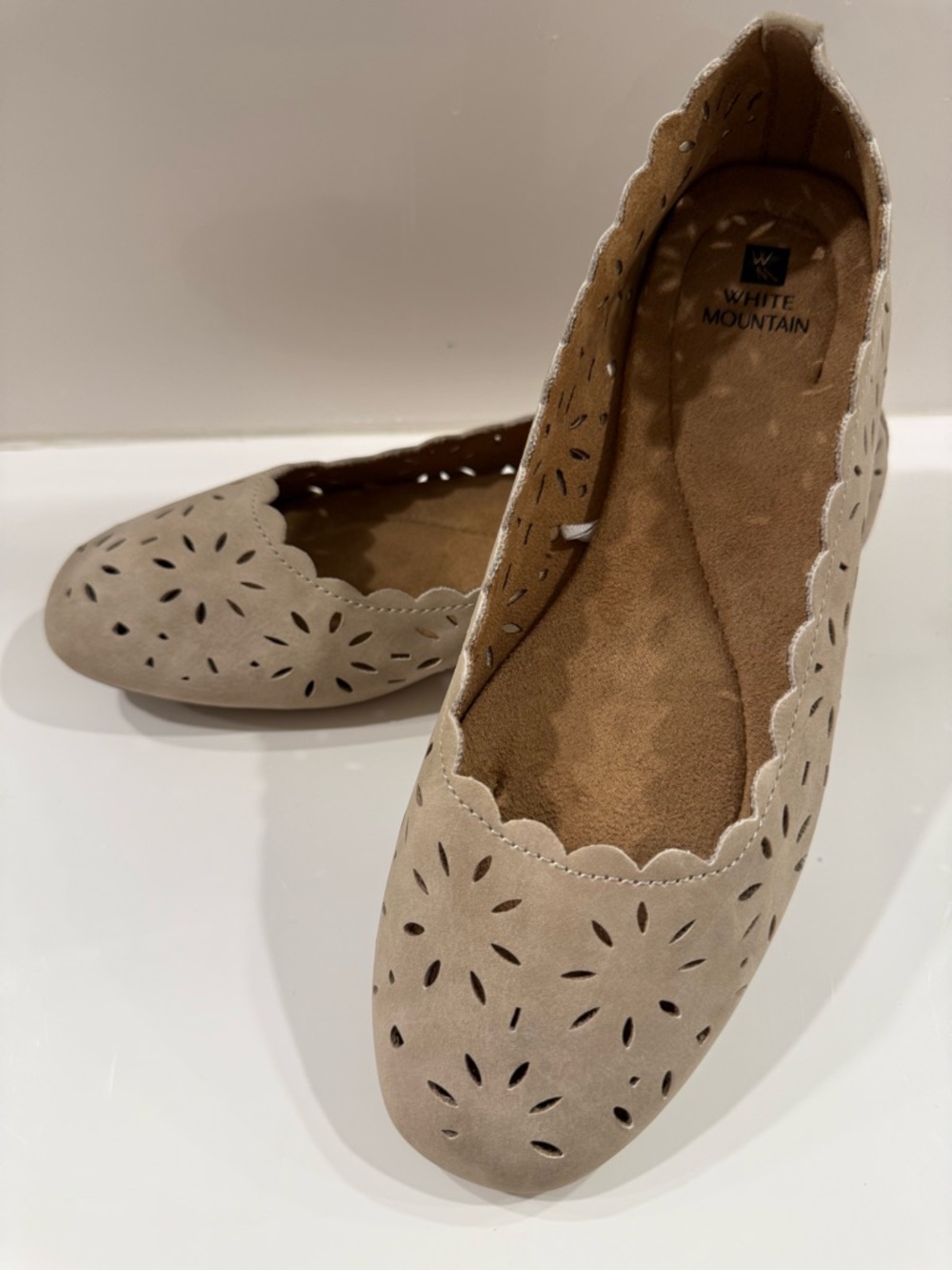 White Mountain Beige Laser-Cut Scalloped Ballet Flats